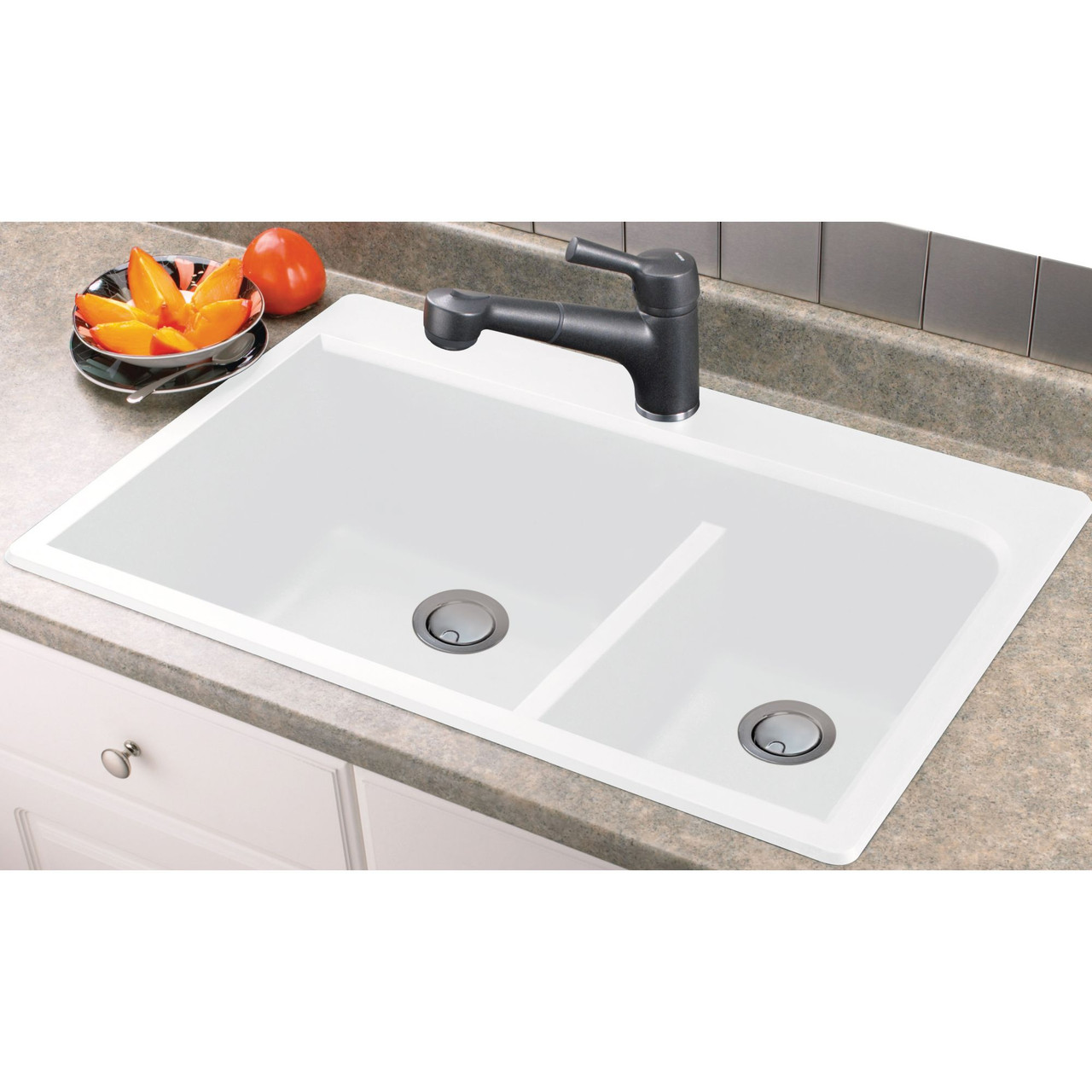 33-in X 22-in X 9.5-in silQ Granite Kitchen Sink with 1-3/4 J-Shaped Double Offset Bowls, Drop-in Installation, with 5 CBDEF Faucet Holes, In White