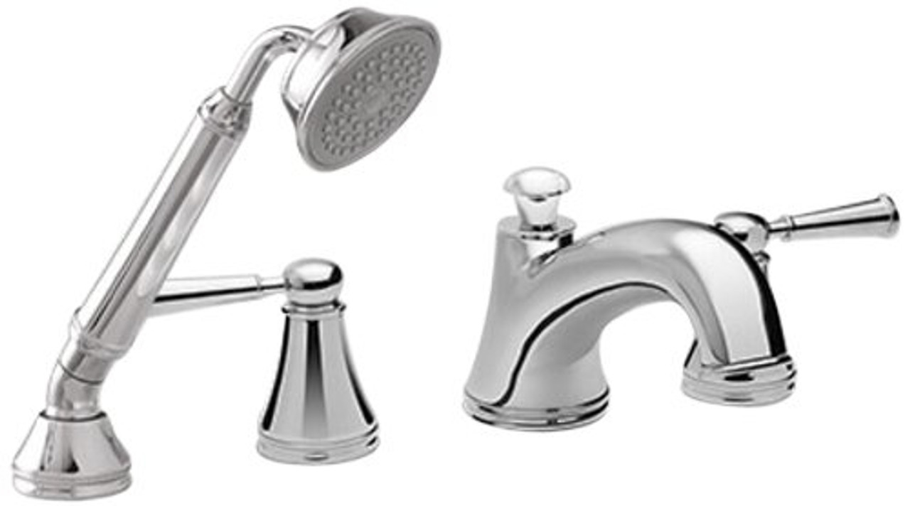 Deck Mount Tub Filler Trim with Handheld Shower and Lever Handles in Polished Chrome