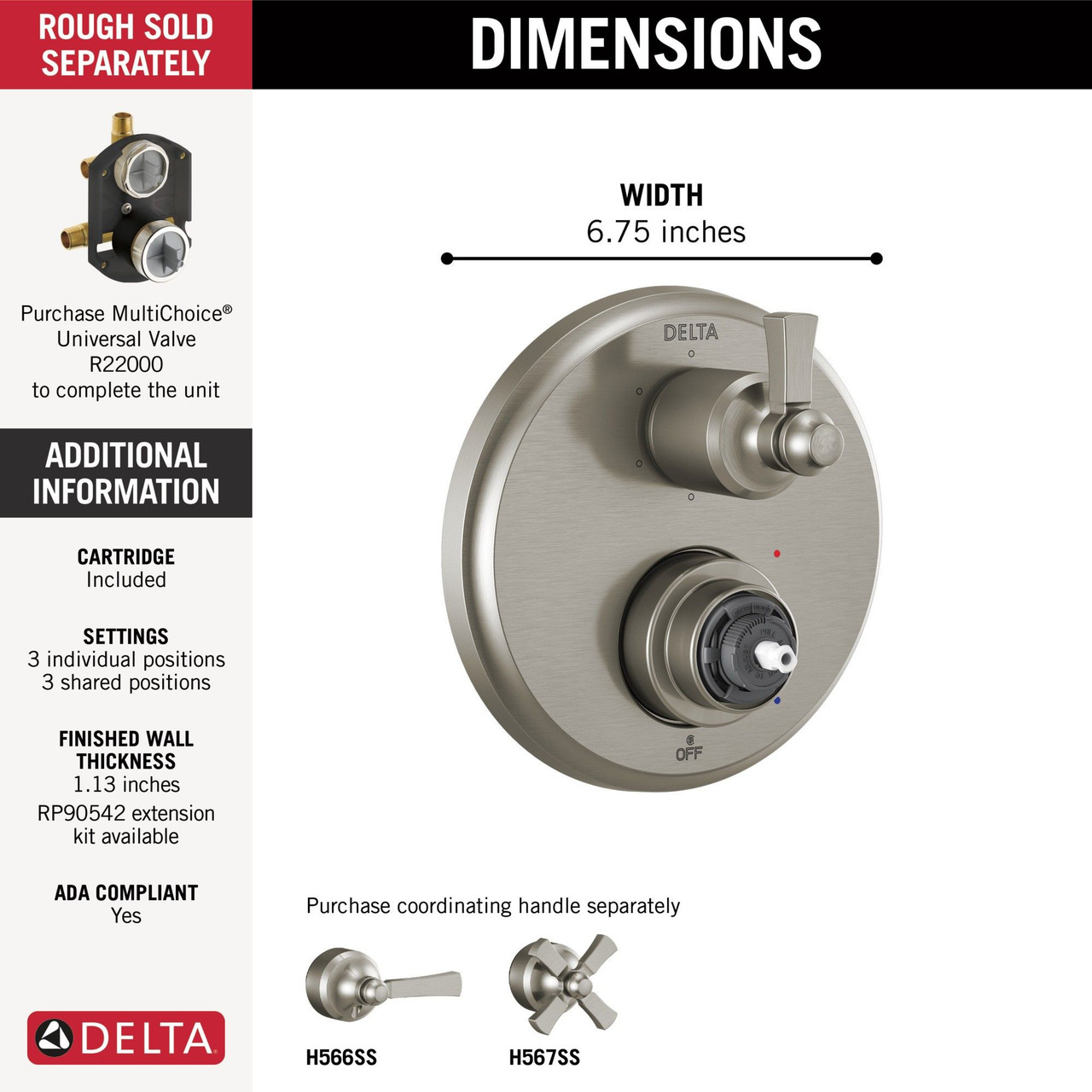 Delta T24956-SSLHP Dorval Traditional 2-Handle Monitor 14 Series Valve Trim with 6 Setting Diverter, Stainless