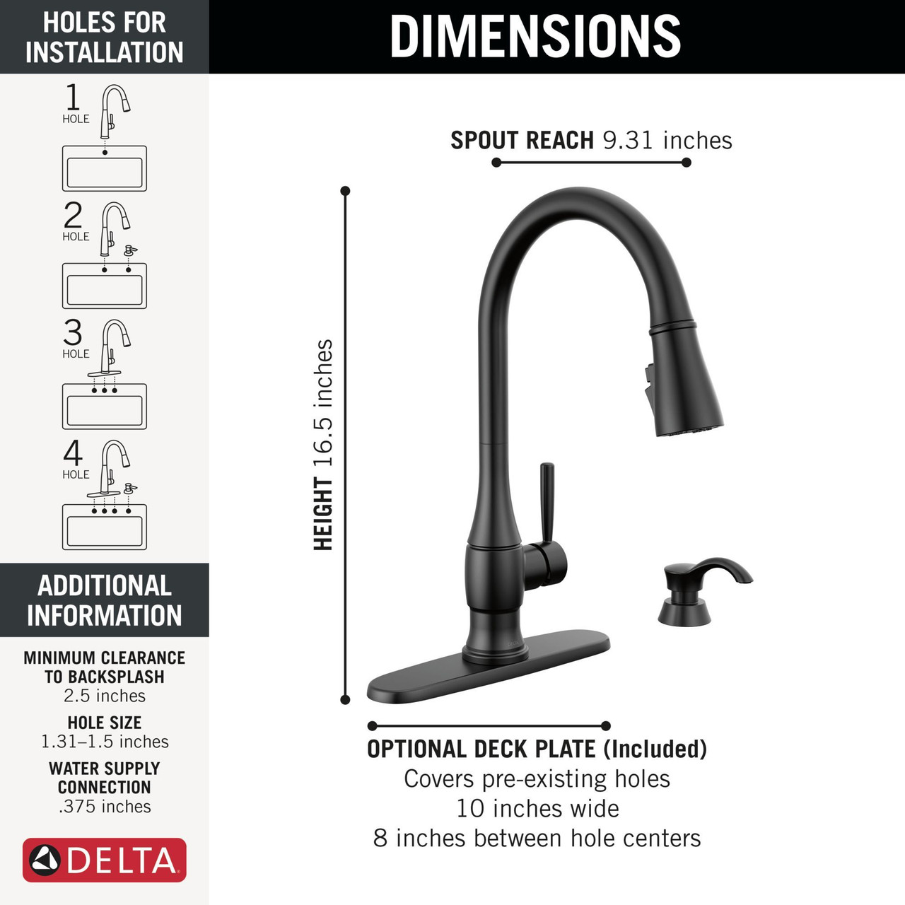 Delta 19831Z-BLSD-DST Hazelwood Single Handle Pull Down Kitchen Faucet with Soap Dispenser and ShieldSpray Technology, Matte Black