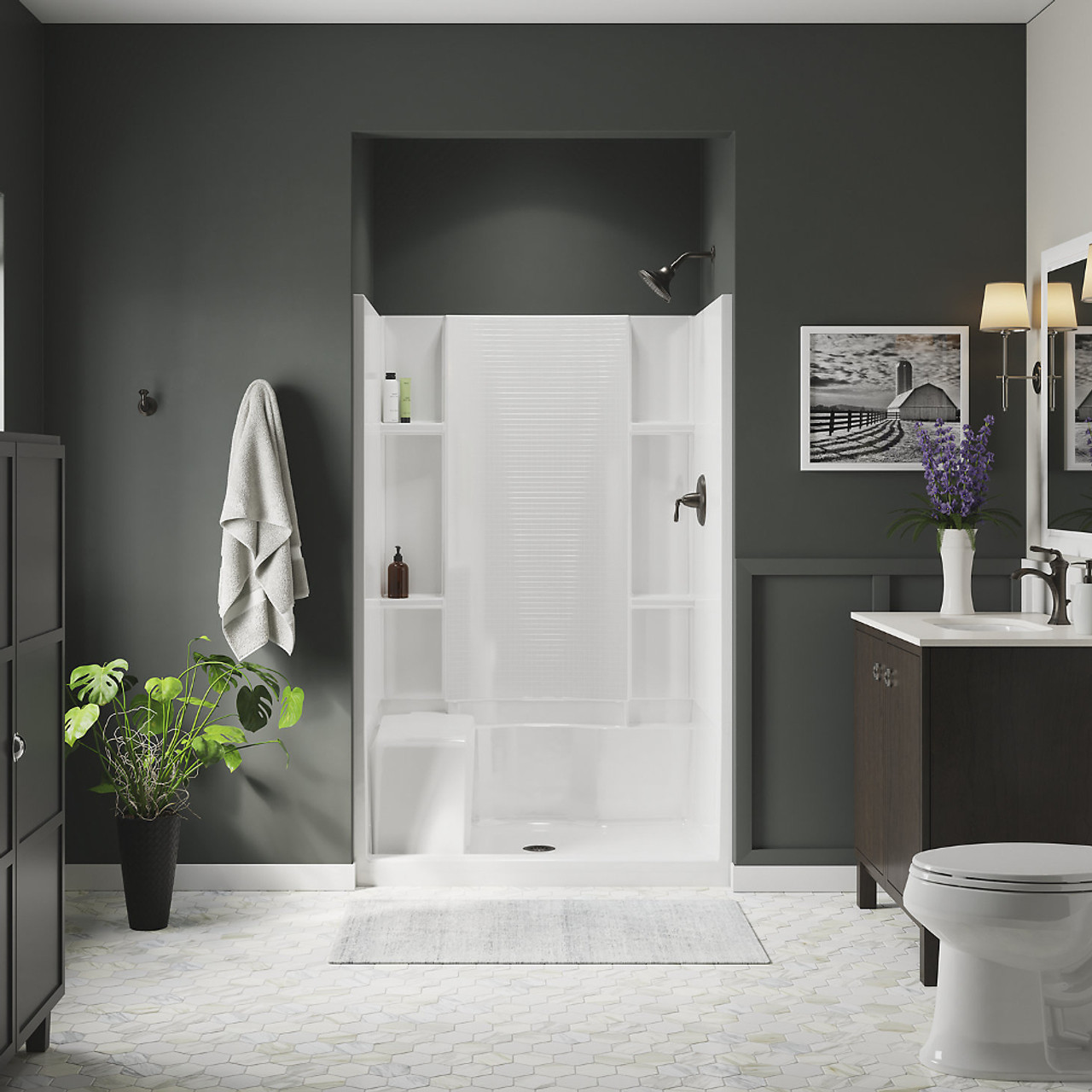 Sterling KSFA-72280100-N 48-in Seated Shower Kit with Showerhead, Accessory Kit in White/Nickel