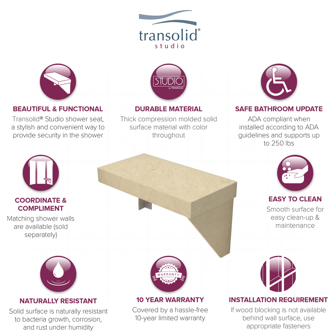 Transolid Studio Rectangular Shower Seat in Almond Sky