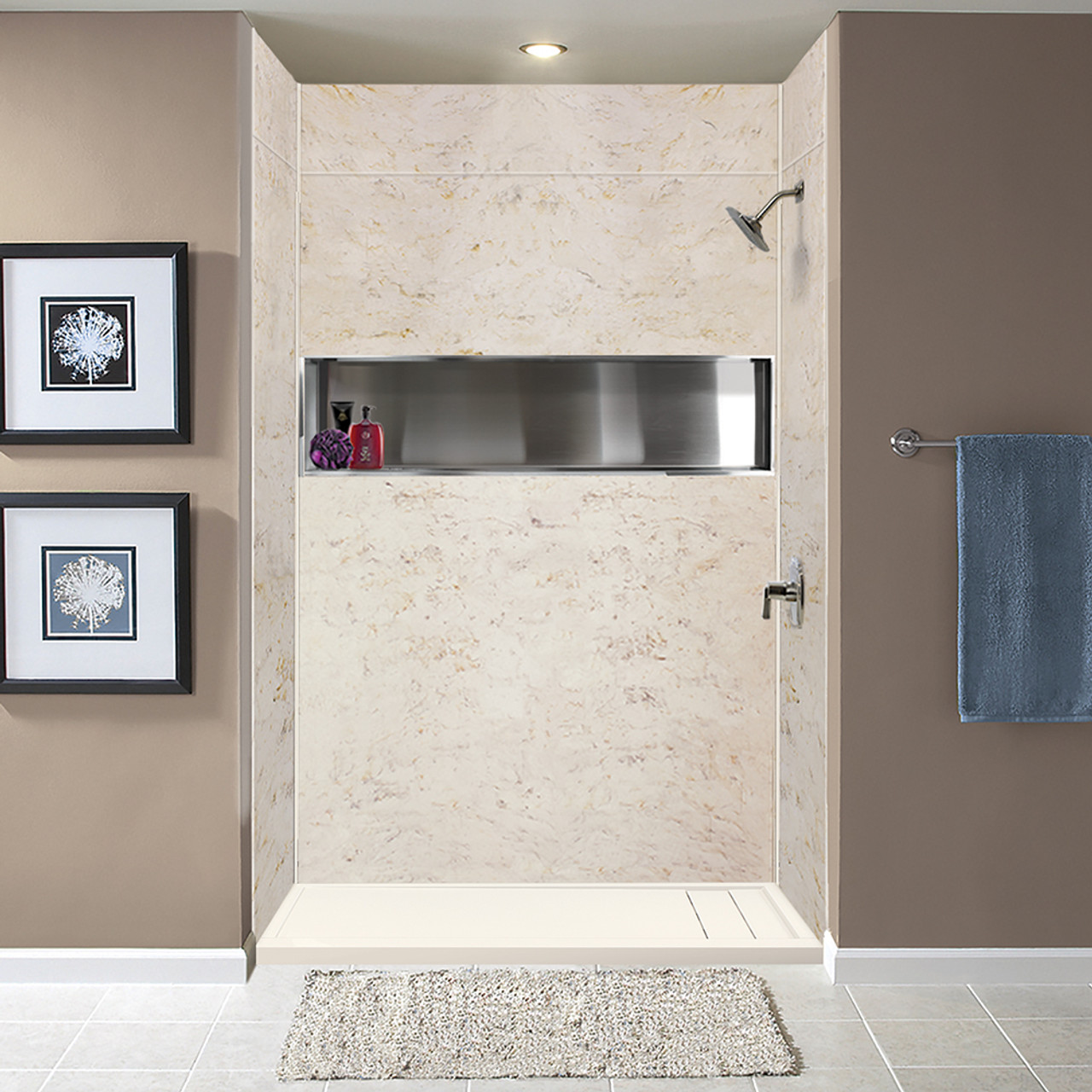 Transolid FLU6032R-32 Linear 60-in W x 32-in L Rectangular Alcove Concealed End Drain Shower Base with Right Hand Drain in Cameo