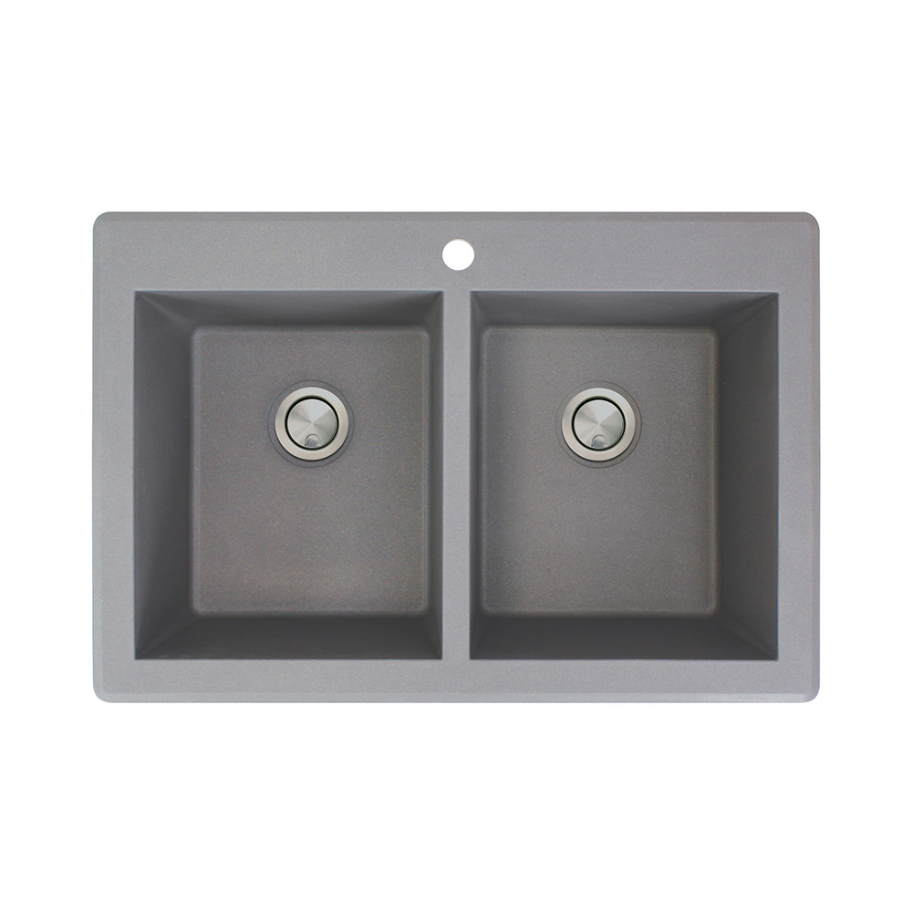 33.0625-in x 22.0625-in x 9.5-in Granite Double Equal Drop-in 1-Hole Kitchen Sink in Grey with Grids, Strainer, Disposer Strainer, Installation Kit