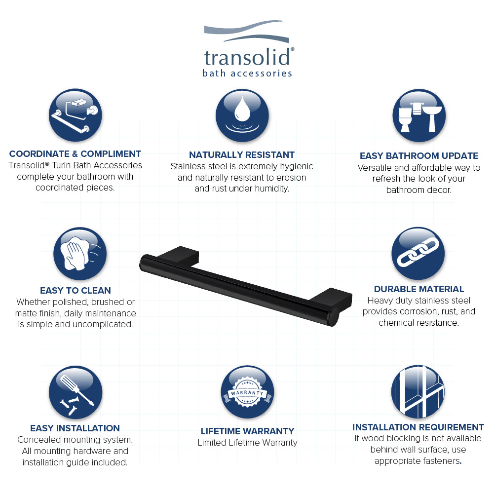 Transolid MS12MB 12-inch Grab Bar, In Black