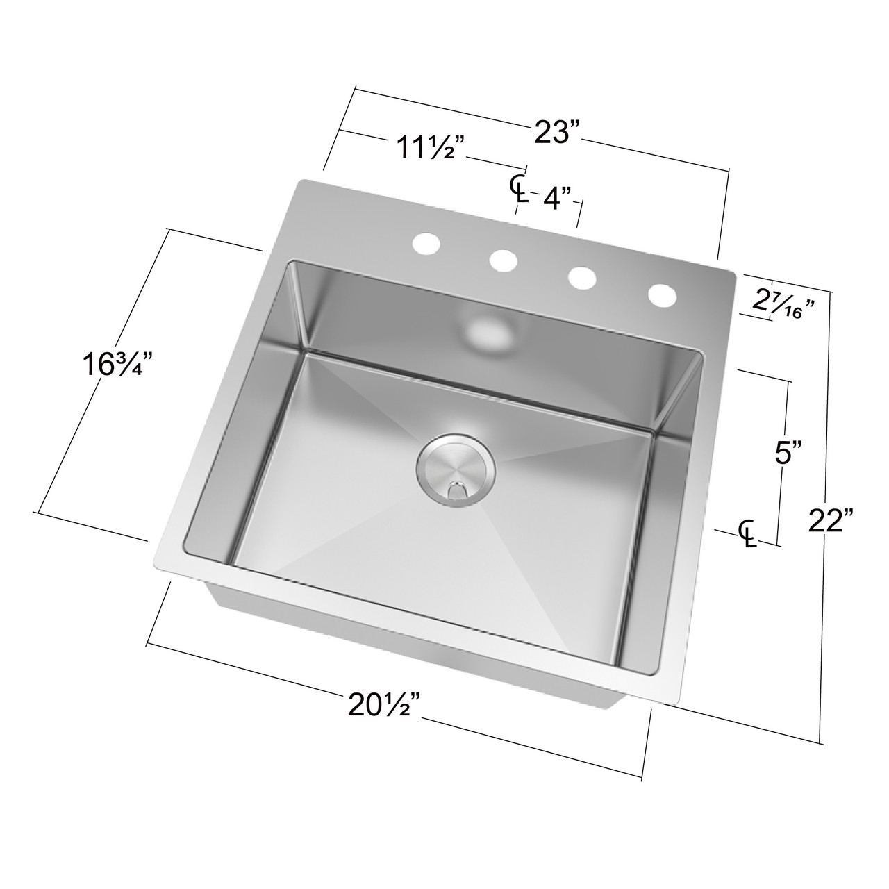 23-in x 22-in x 10-in 16 Gauge Single Bowl, Stainless Steel Kitchen Sink, Micro Edge Dual Mount Installation, with 4 Holes