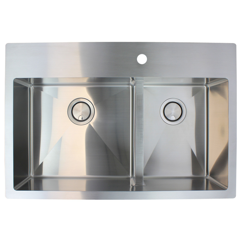 33-in x 22-in x 10-in 16 Gauge 60/40 Double Bowls, Stainless Steel Kitchen Sink with Low Divide, Micro Edge Dual Mount Installation, with 3 Holes