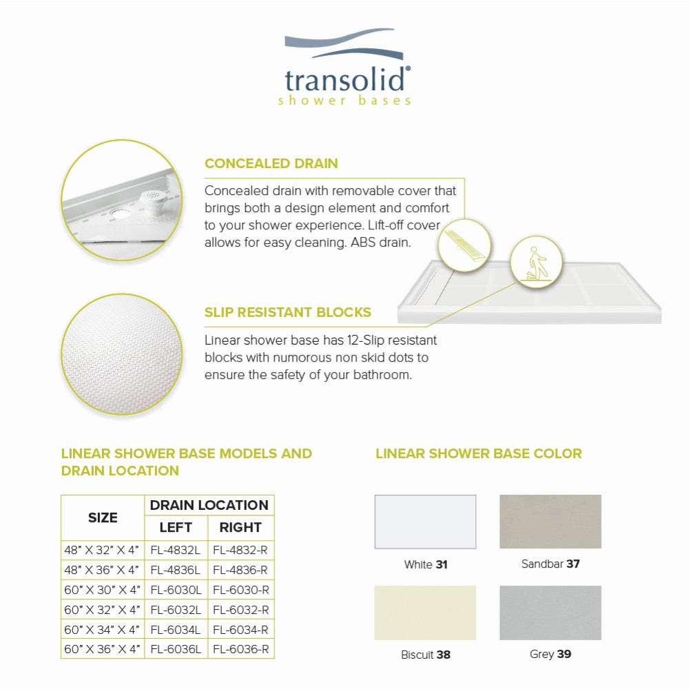 Transolid Linear 60" x 36" Single Threshold Left Hand Concealed End Drain Shower Base In Grey