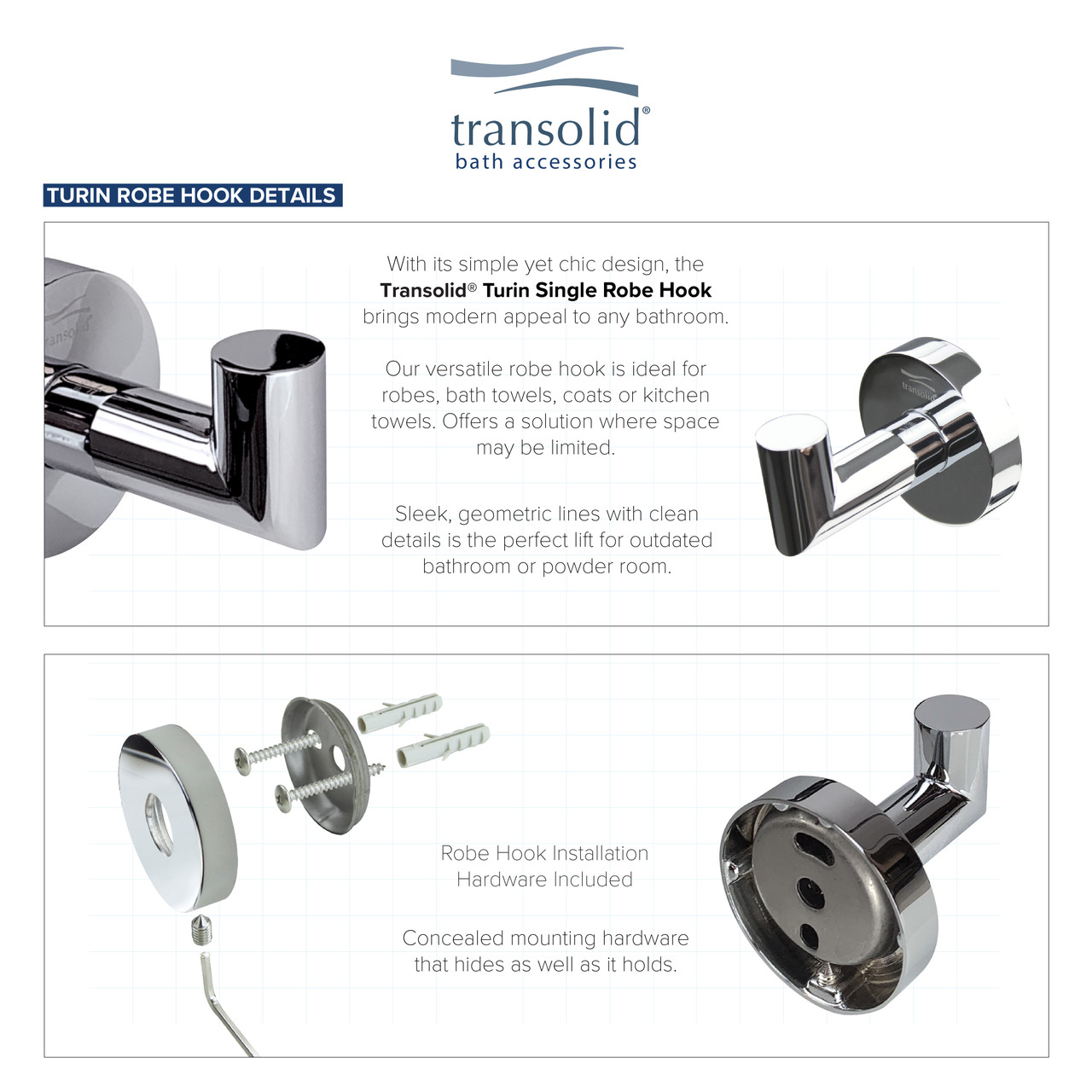 3-Piece Bathroom Accessory Kit Including a robe hook, a toilet paper holder, and a 24-in towel bar, in Polished Chrome