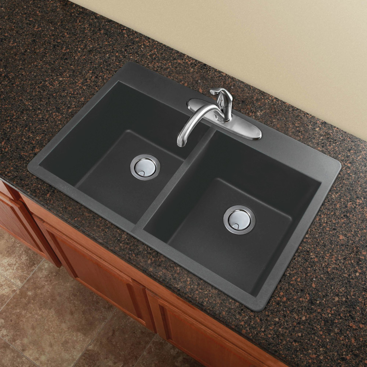 33-in X 22-in X 9.5-in silQ Granite Kitchen Sink with Double Equal Bowls, Drop-in Installatio, with 4 CADE Faucet Holes, In Grey