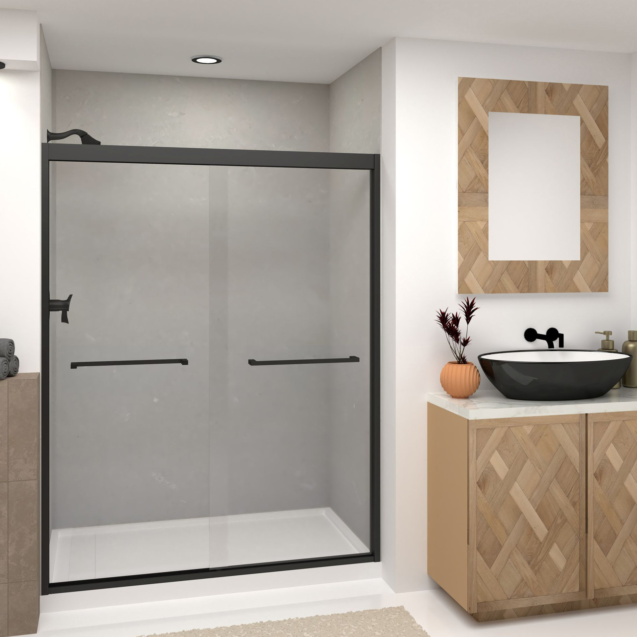 Semi-frameless bypass shower door featuring EXCLUSIVE TruMotion technology in Matte Black frame finish with smooth clear glass texture and modern Sabrina handles 57-3/4-in to 59-in W x 76-in H
