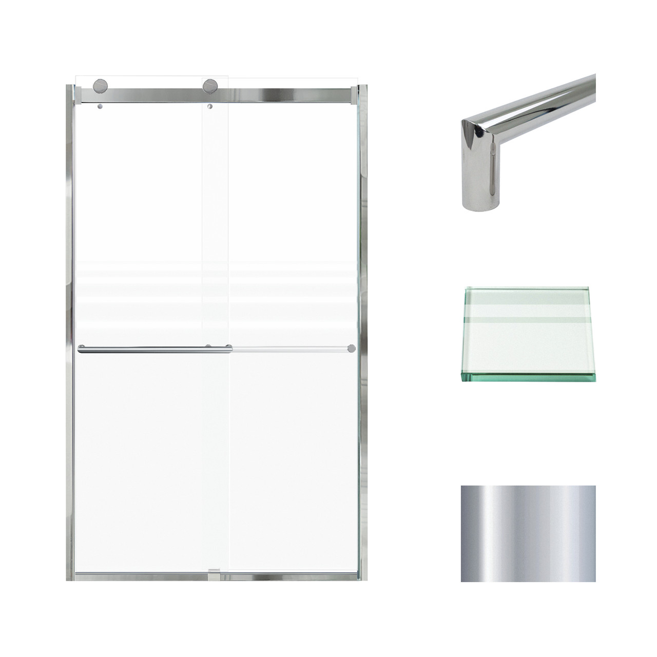 Frameless bypass shower door in polished chrome frame finish with frosted glass texture and classic Turin handles 48-in W x 80-in H