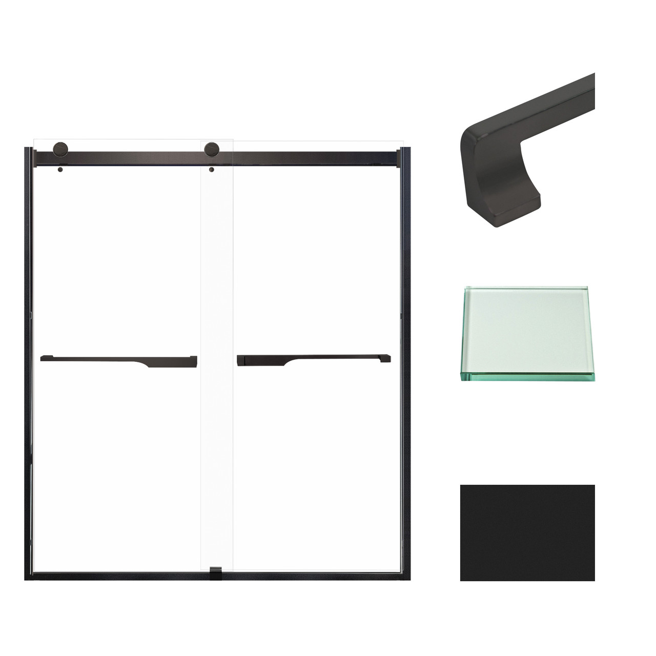 Frameless bypass shower door in matte black frame finish with smooth clear glass texture and rustic Justin handles 60-in W x 70-in H
