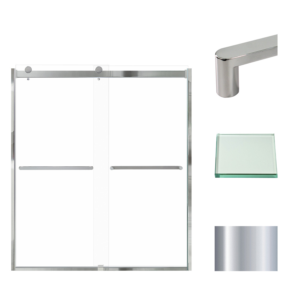 Frameless bypass shower door in polished chrome frame finish with smooth clear glass texture and classic Riley handles 60-in W x 70-in H