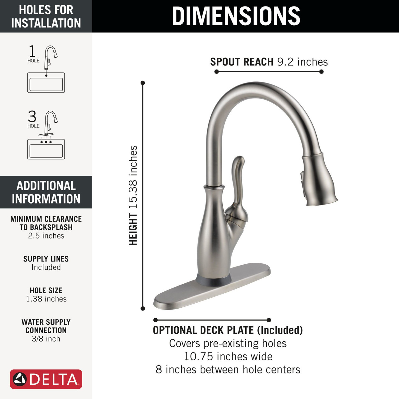 Delta 9178TL-SP-DST Leland 11.63-in x 10.75-in x 15.38-in Touch2O Kitchen Faucet with Touchless Technology, Spotshield Stainless