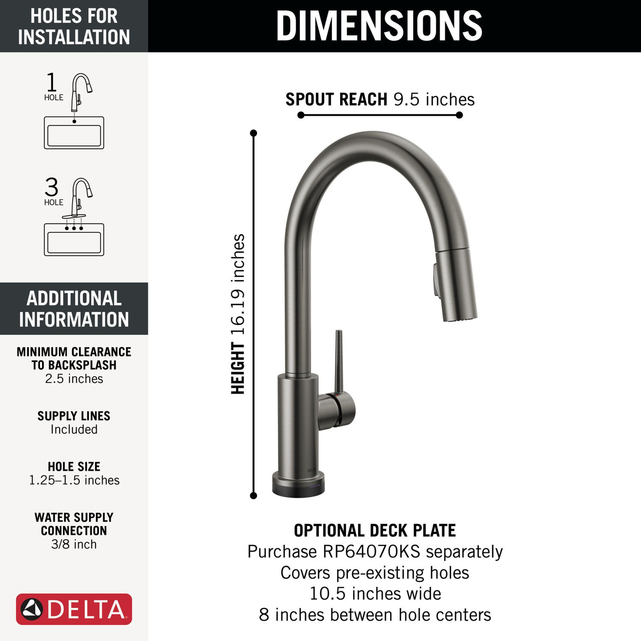 Delta 9159TLV-KS-DST Trinsic 11.38-in x 4.19-in x 16.19-in VoiceIQ Kitchen Faucet with Touch2O with Touchless Technology, Black Stainless