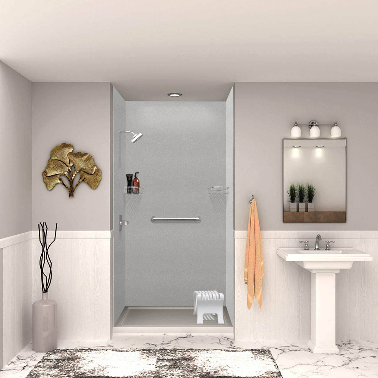 Transolid SWK483696-27V SaraMar 48-in x 36-in x 96-in Glue to Wall 3-Piece Shower Wall Trimmable Kit, Grey Beach Velvet