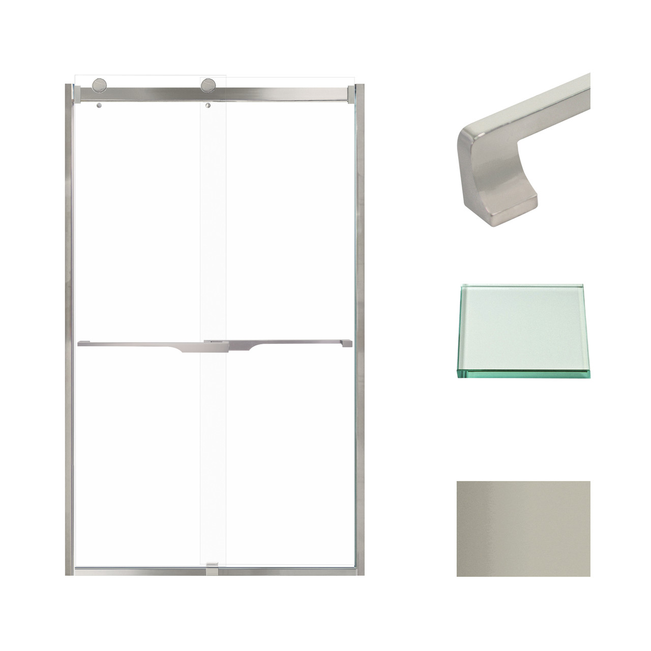 Frameless bypass shower door in brushed stainless frame finish with smooth clear glass texture and rustic Justin handles 48-in W x 80-in H