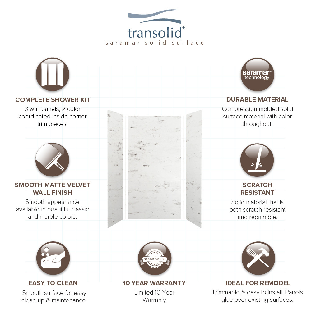 Transolid SWK363672-47V SaraMar 36-in x 36-in x 72-in Glue to Wall 3-Piece Shower Wall Trimmable Kit, White Venito Velvet