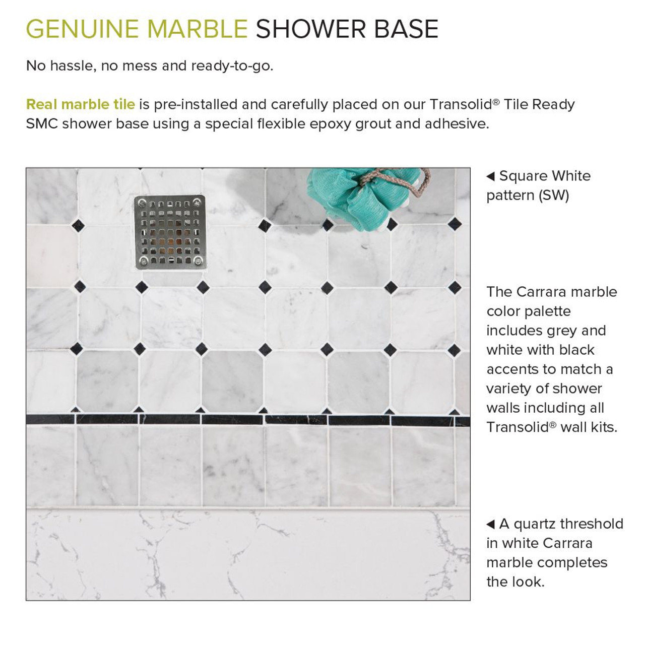 Transolid FPT6032R-SW 60-in x 32-in Pre-Tiled Shower Base with Right Hand Drain in White Square