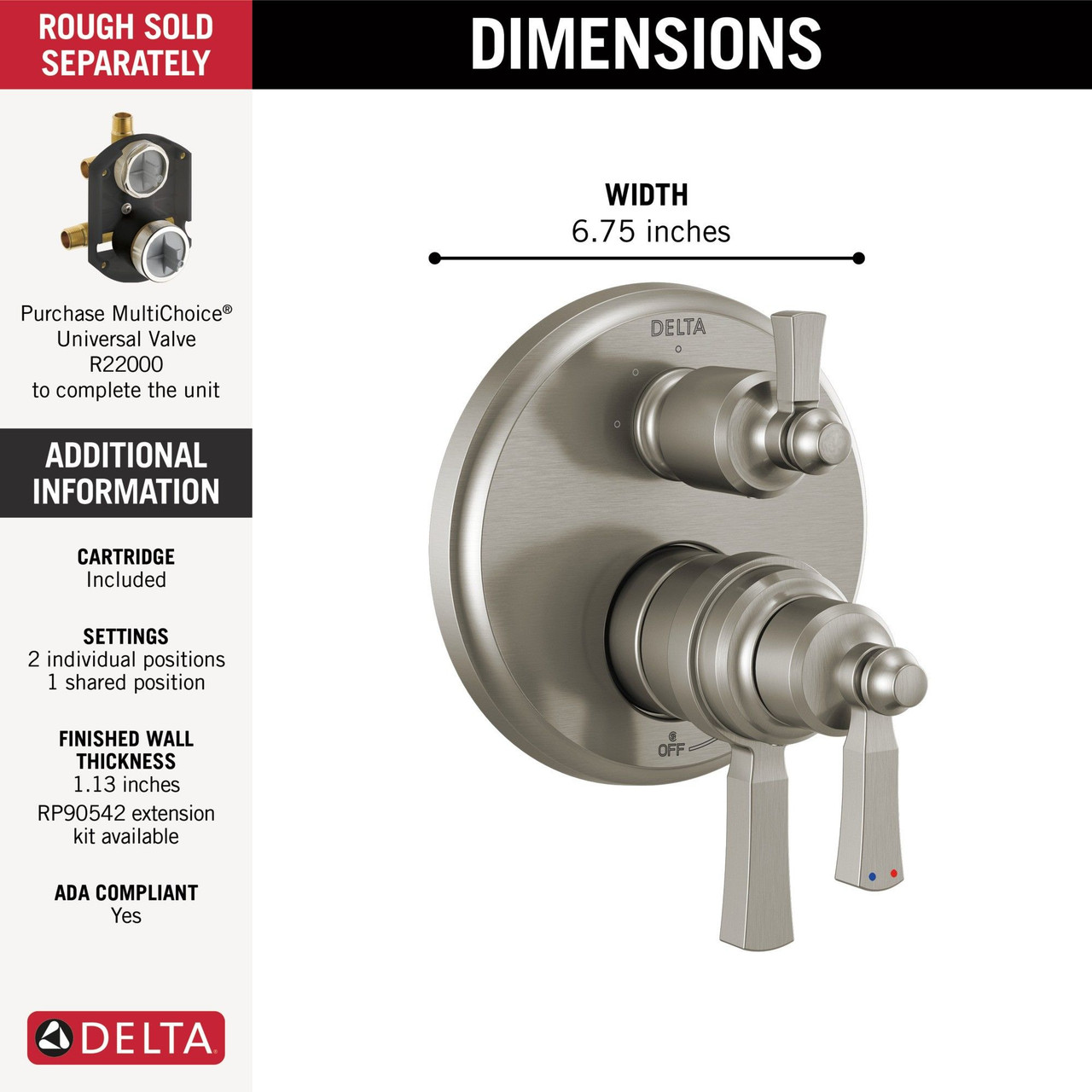 Delta T27T856-SS Dorval Traditional 2-Handle Monitor 17T Series Valve Trim with 3 Setting Diverter, Stainless