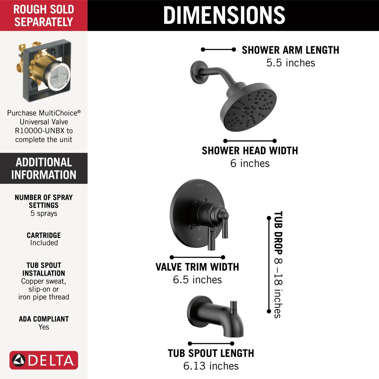 Delta T17435-BL SAYLOR Monitor 17 Series Tub & Shower Trim, Matte Black