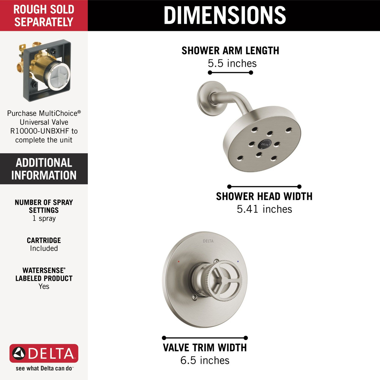 Delta T14258-SS Trinsic H2O Shower Trim 1L, Stainless