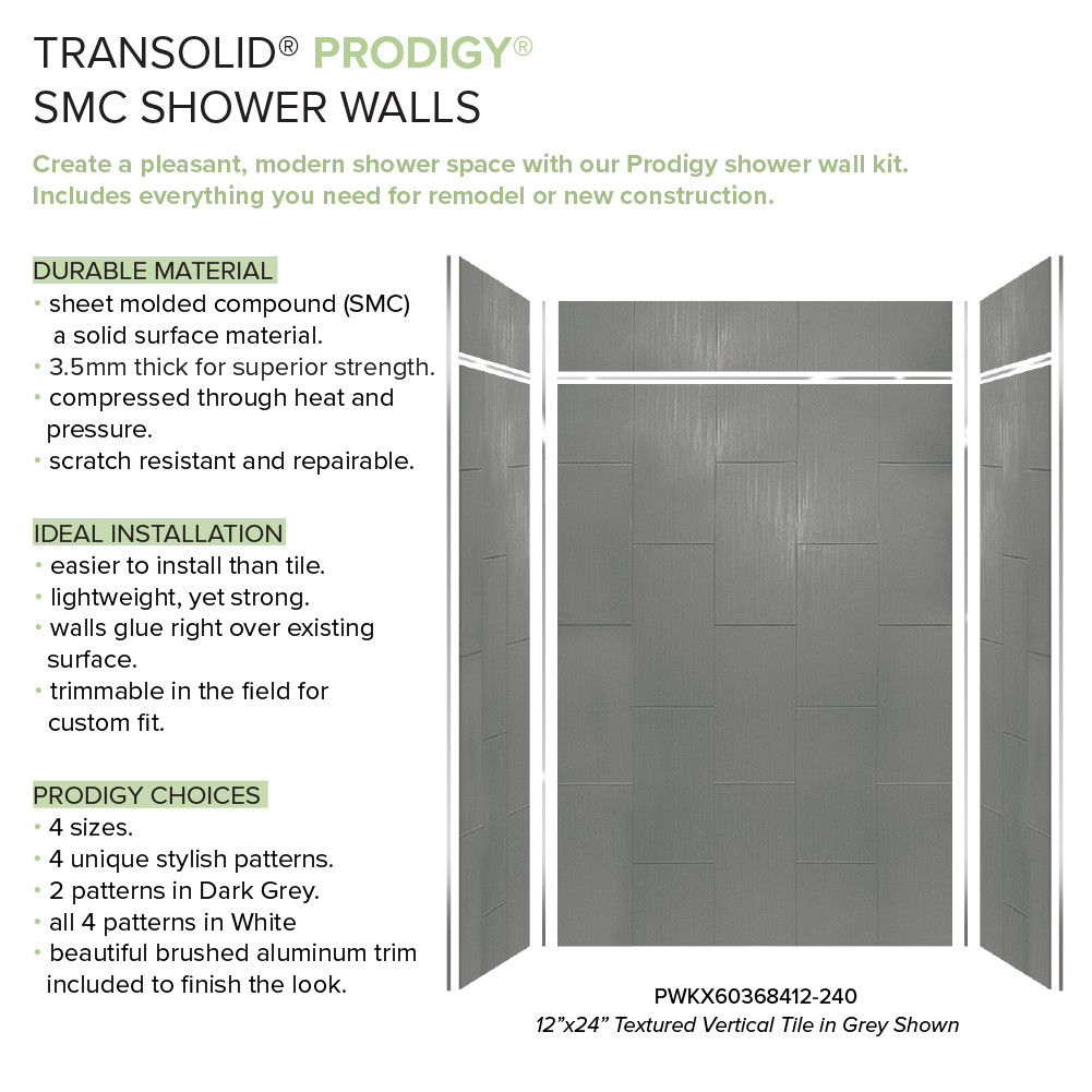 Transolid Prodigy PWKX60368412-240 60" x 36" x 96-in Glue to Wall 6-Piece Shower Wall Trimmable Kit 12" x 24" Vertical Tile, in Dark Grey