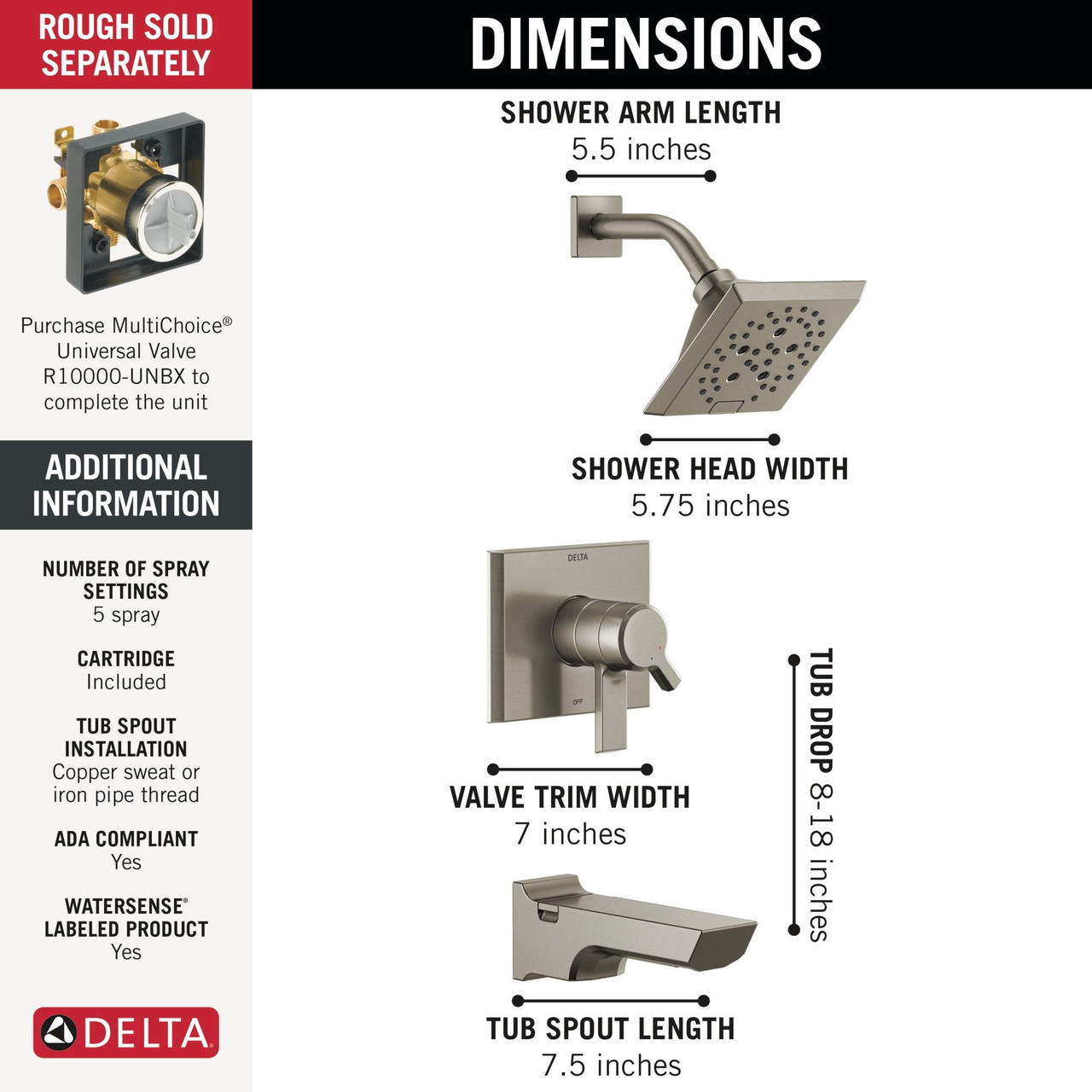 Delta T17499-SS-PR Pivotal Monitor 17 Series H2Okinetic Tub and Shower Trim, Lumicoat Stainless