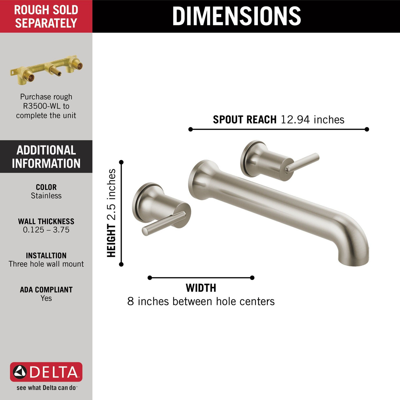 Delta T5759-SSWL Trinsic Delta Trinsic Wall Mounted Tub Filler, Stainless