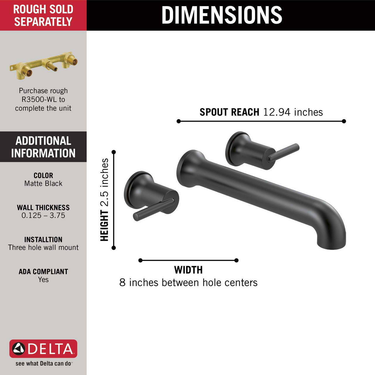 Delta T5759-BLWL Trinsic Delta Trinsic Wall Mounted Tub Filler, Matte Black
