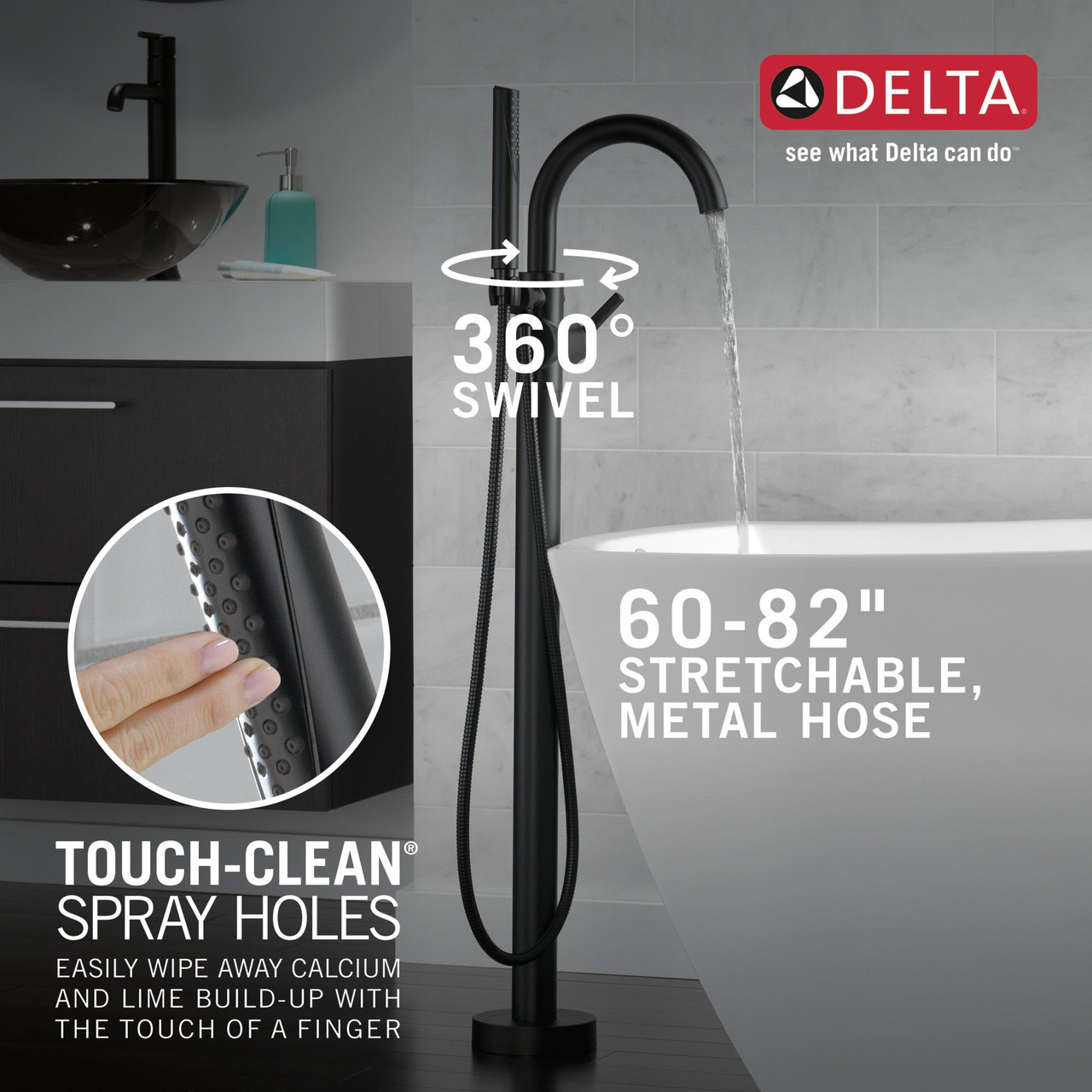 Delta T4759-BLFL Trinsic Delta Trinsic Single Handle Floor Mount Tub Filler Trim with Hand Shower, Matte Black