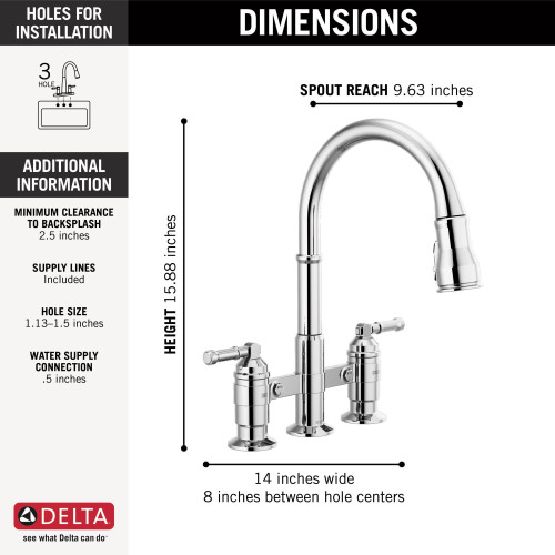 Delta 2390L-DST Broderick Two Handle Pull Down Bridge Kitchen Faucet, Chrome