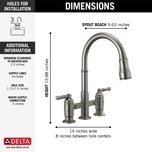 Delta 2390L-KS-DST Broderick Two Handle Pull Down Bridge Kitchen Faucet, Black Stainless