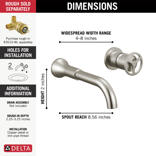 Delta T3558LF-SSWL Trinsic Two Handle Wall Mount Bathroom Faucet Trim, Stainless