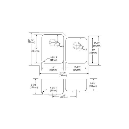 31-1/4" x 20-1/2" x 9-7/8" 18 Gauge Stainless Steel Offset Double Bowl Undermount Sink with Left Side Small Bowl in Lustrous Satin