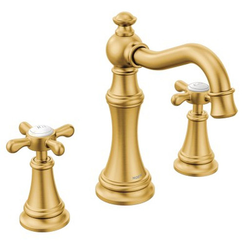 7-1/2" Double Cross Handle Widespread High Arc Bathroom Sink Fauce in Brushed Gold