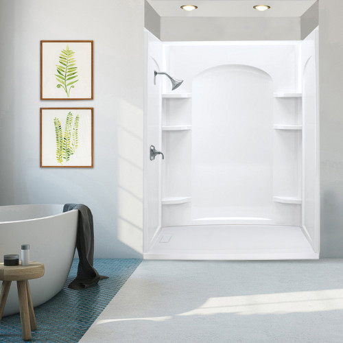 Shower kit with back wall, two end walls, and a shower base with a left-hand drain