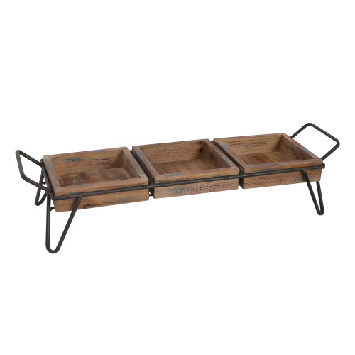DunaWest Artisinal Wood Serving Tray, 3 Seperate Sections and Metal Frame, Brown, Black