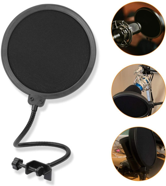 Professional Microphone Pop Filter Shield Compatible Dual Layered Wind Pop Screen with A Flexible 360 Degree Gooseneck Clip Stabilizing Arm 5 Core Ratings