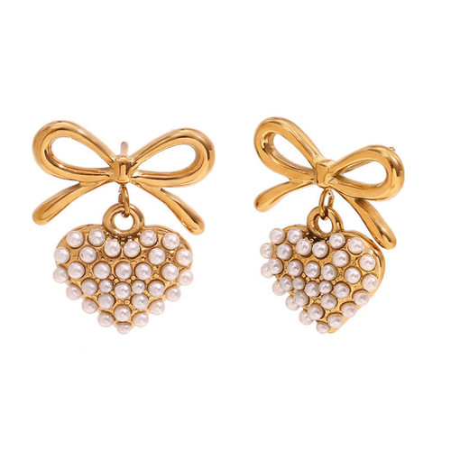 French Gold Heart & Bow Pearl Earrings
