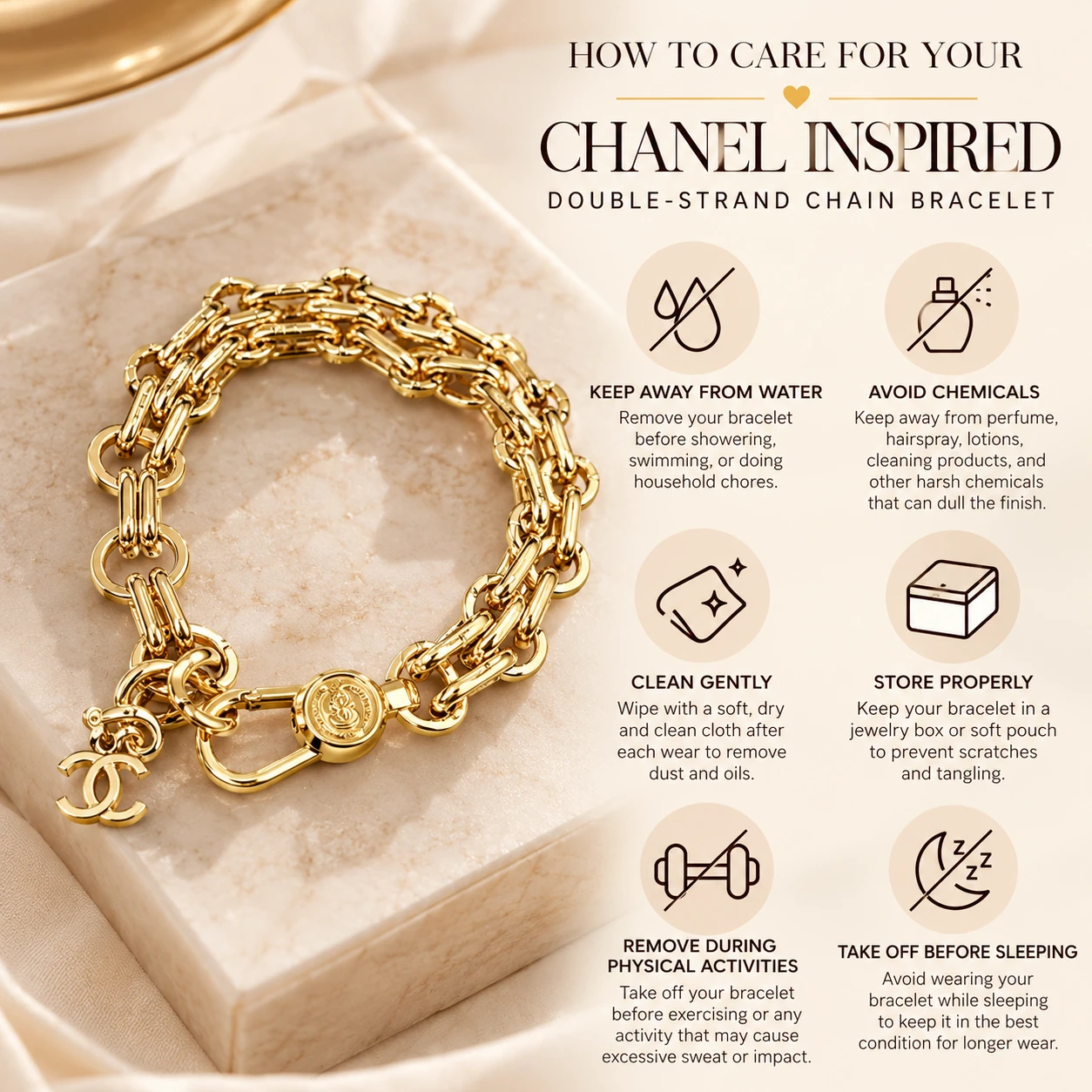 How to care guide for Chanel Inspired Double-Strand Chain Bracelet