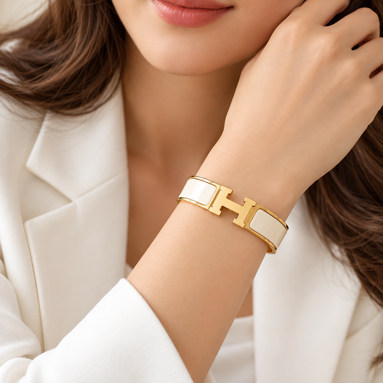 Girl Wearing Hermes Inspired H Bracelet - Taupe