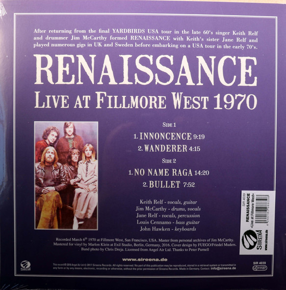 Renaissance -Live at the Fillmore West 1970  lp reissue