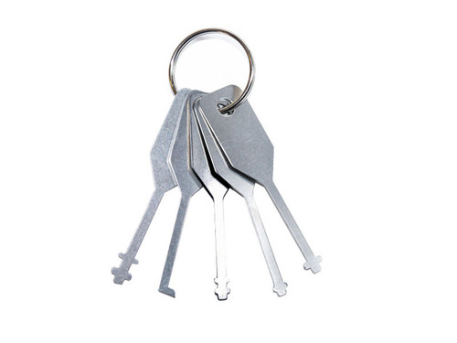 Warded lock picks. Full sized, with key ring attachment style.