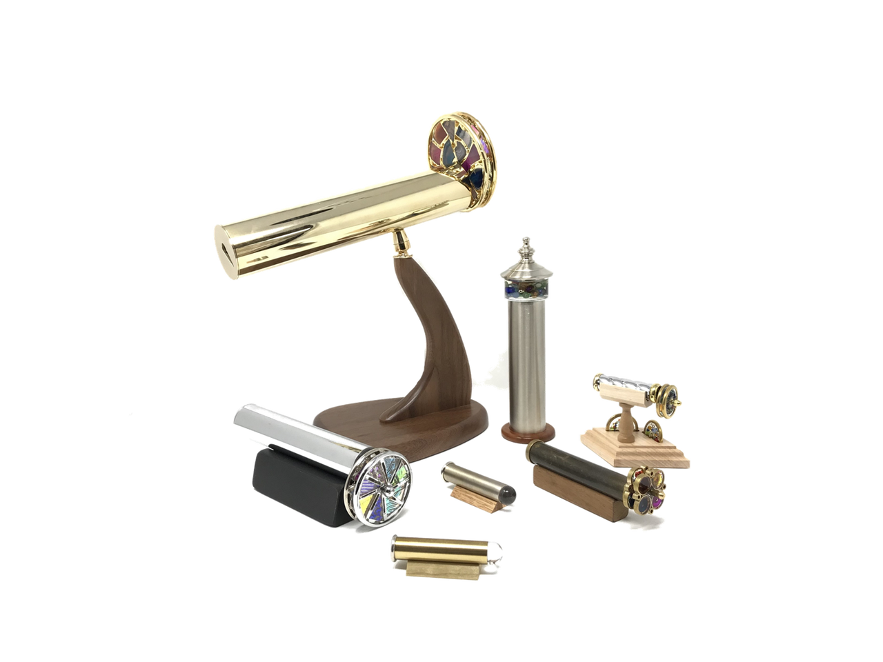 Handcrafted, collectible kaleidoscopes in brass, chrome and other metals.