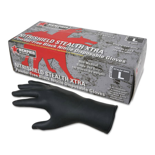 Buy NITRILE DISPOSABLE GLOVES, NITRISHIELD STEALTH XTRA, ROLLED CUFF, UNLINED, MEDIUM, BLACK, 6 MIL THICK now and SAVE!