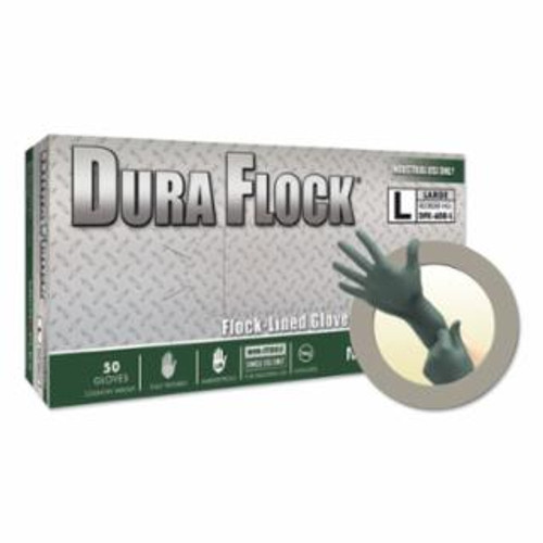 Buy DURA FLOCK DFK-608 DISPOSABLE NITRILE GLOVES, 8.3 IN PALM, 7.9 FINGERS, FLOCKED LINER, LARGE, DARK GREEN now and SAVE!