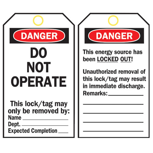 BUY LOCKOUT TAG, 3 IN W X 5-3/4 IN H, POLYESTER, DANGER, DO NOT OPERATE, INCLUDES REVERSE SIDE, BLACK/RED ON WHITE now and SAVE!