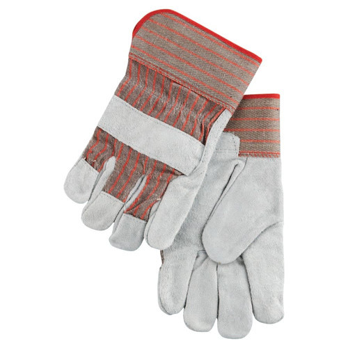 BUY INDUSTRIAL STANDARD SHOULDER SPLIT GLOVES, LARGE, LEATHER, COTTON, GRAY W/RED STRIPES now and SAVE!